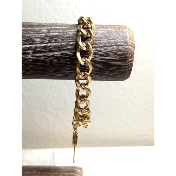 MONET Vintage Gold Tone Textured Cuban Link Safety Chain Charm Bracelet